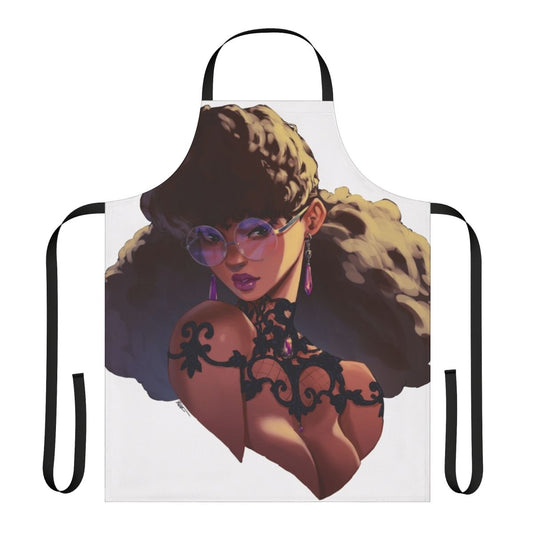Stylish lace apron with afro-inspired design and modern glasses accessory