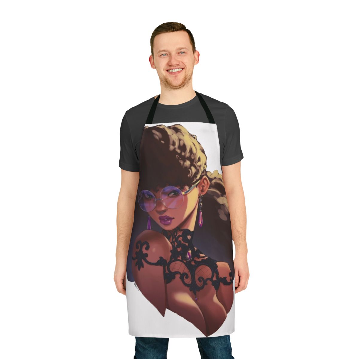 Stylish lace apron with afro-inspired design and modern glasses accessory