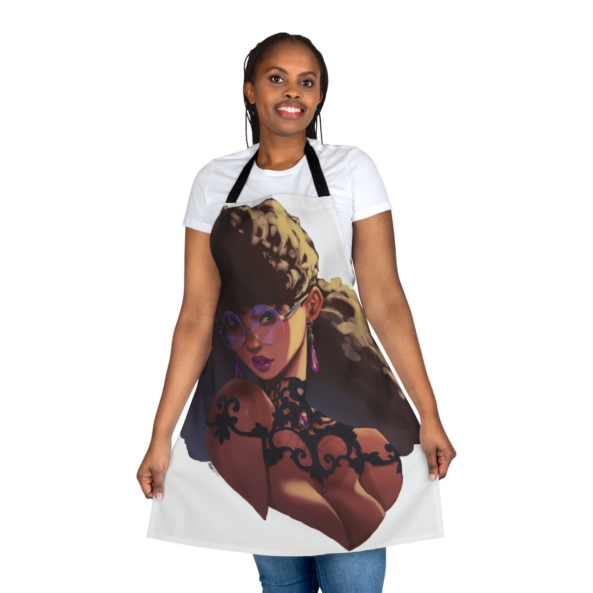 Stylish lace apron with afro-inspired design and modern glasses accessory