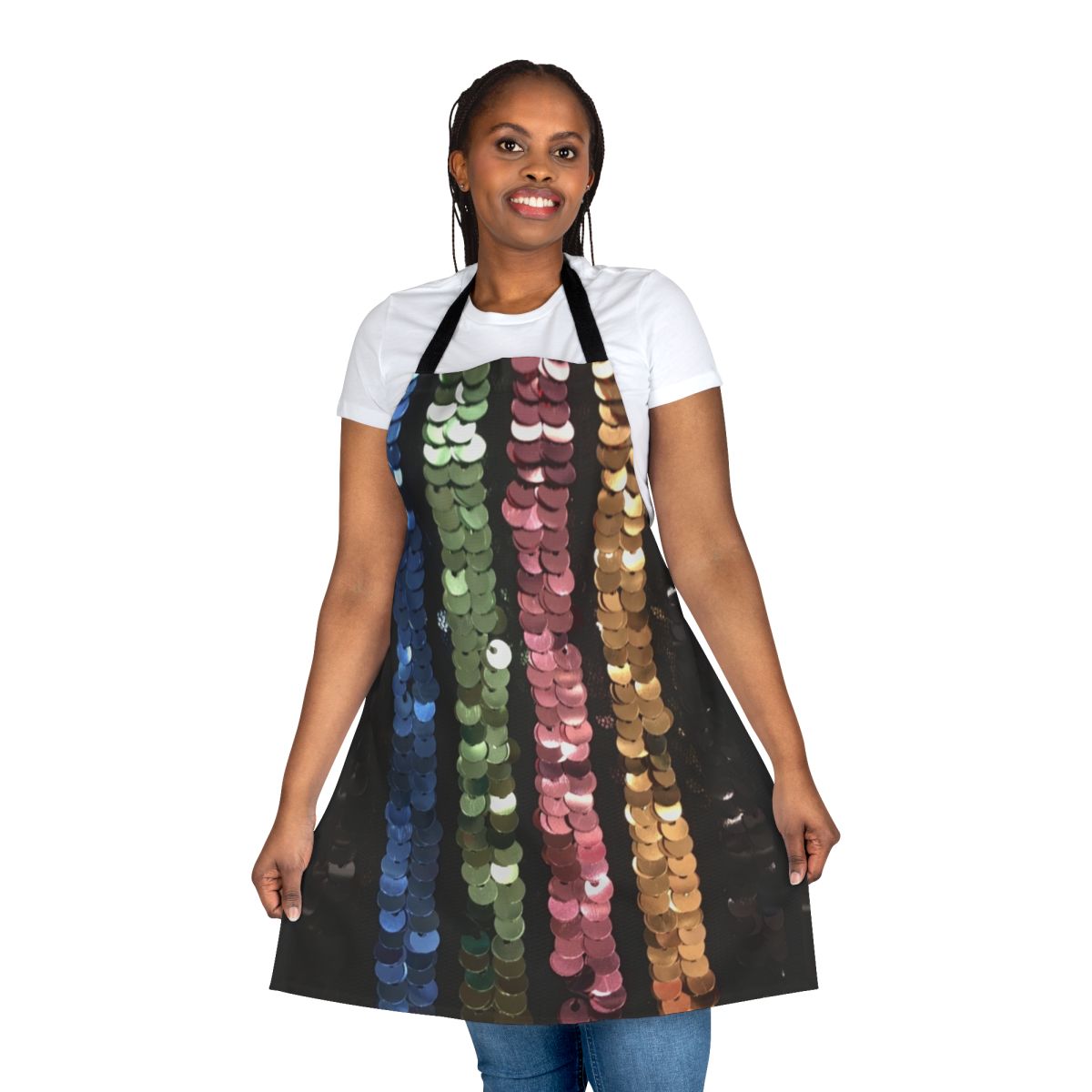 Vibrant sequin apron featuring mermaid and unicorn designs in bold colors