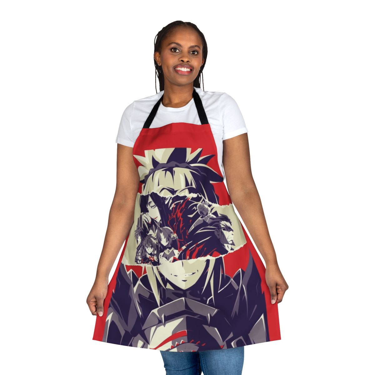 Red and black apron featuring characters from the Fate anime series
