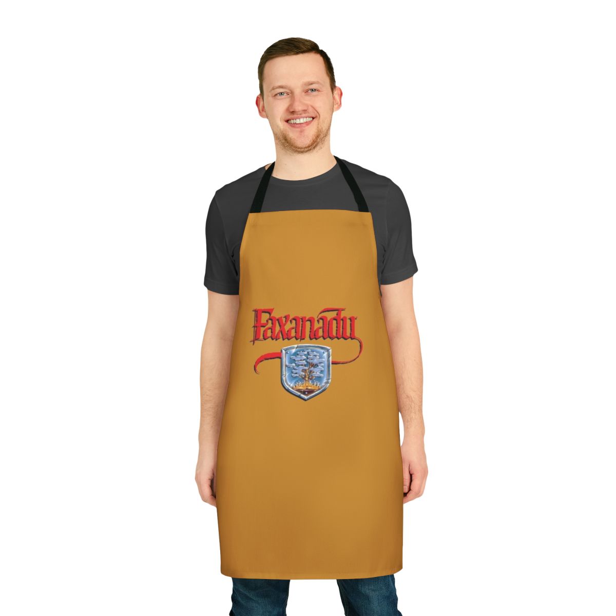 "Faxanadu-inspired cooking apron featuring pixel art graphics and classic gaming design"