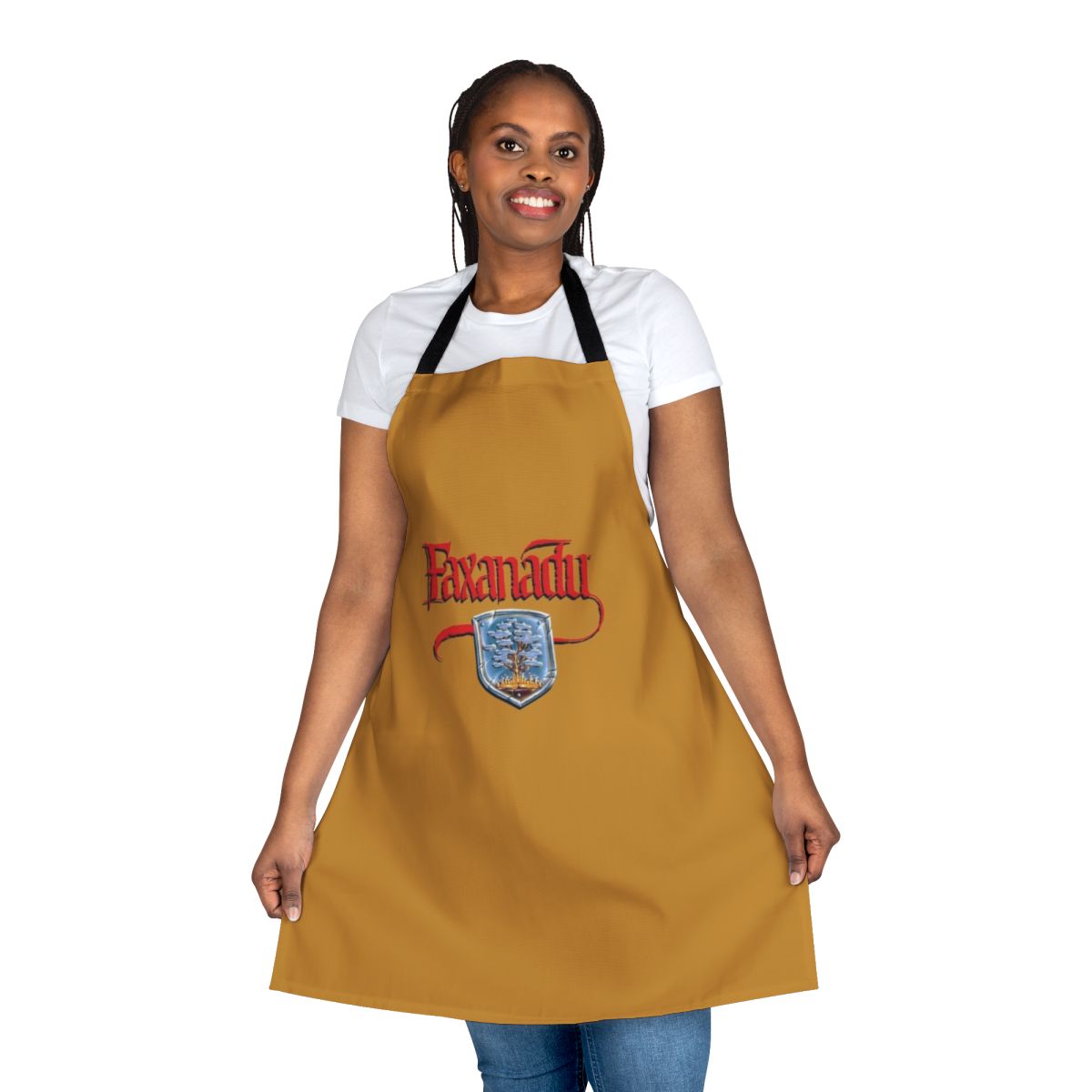 "Faxanadu-inspired cooking apron featuring pixel art graphics and classic gaming design"