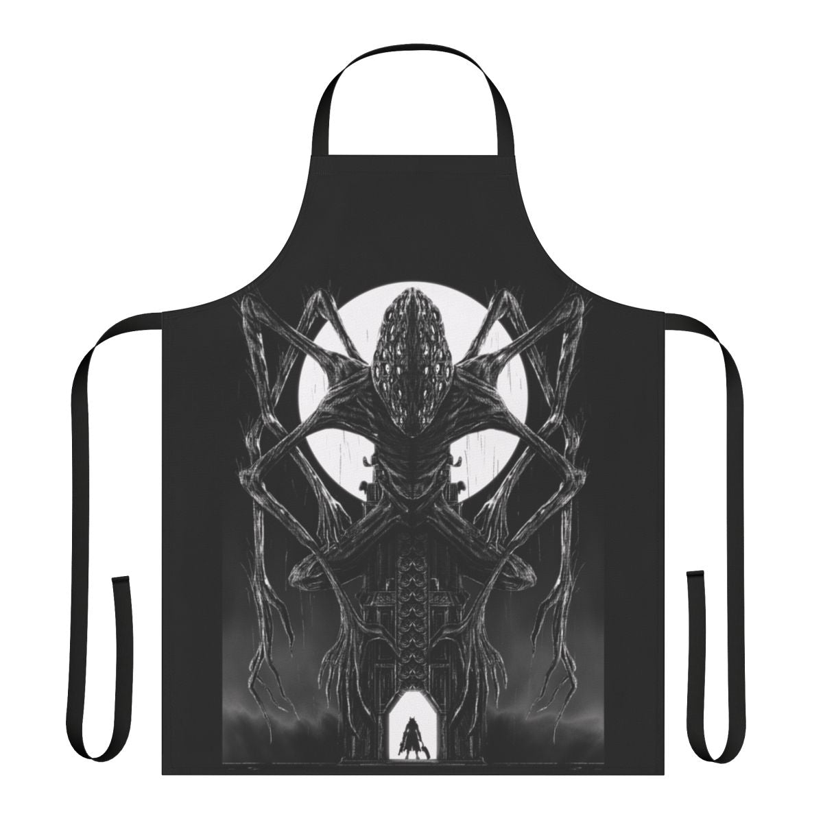 A dark and sinister apron design inspired by the Bloodborne video game and Lovecraftian horror themes.