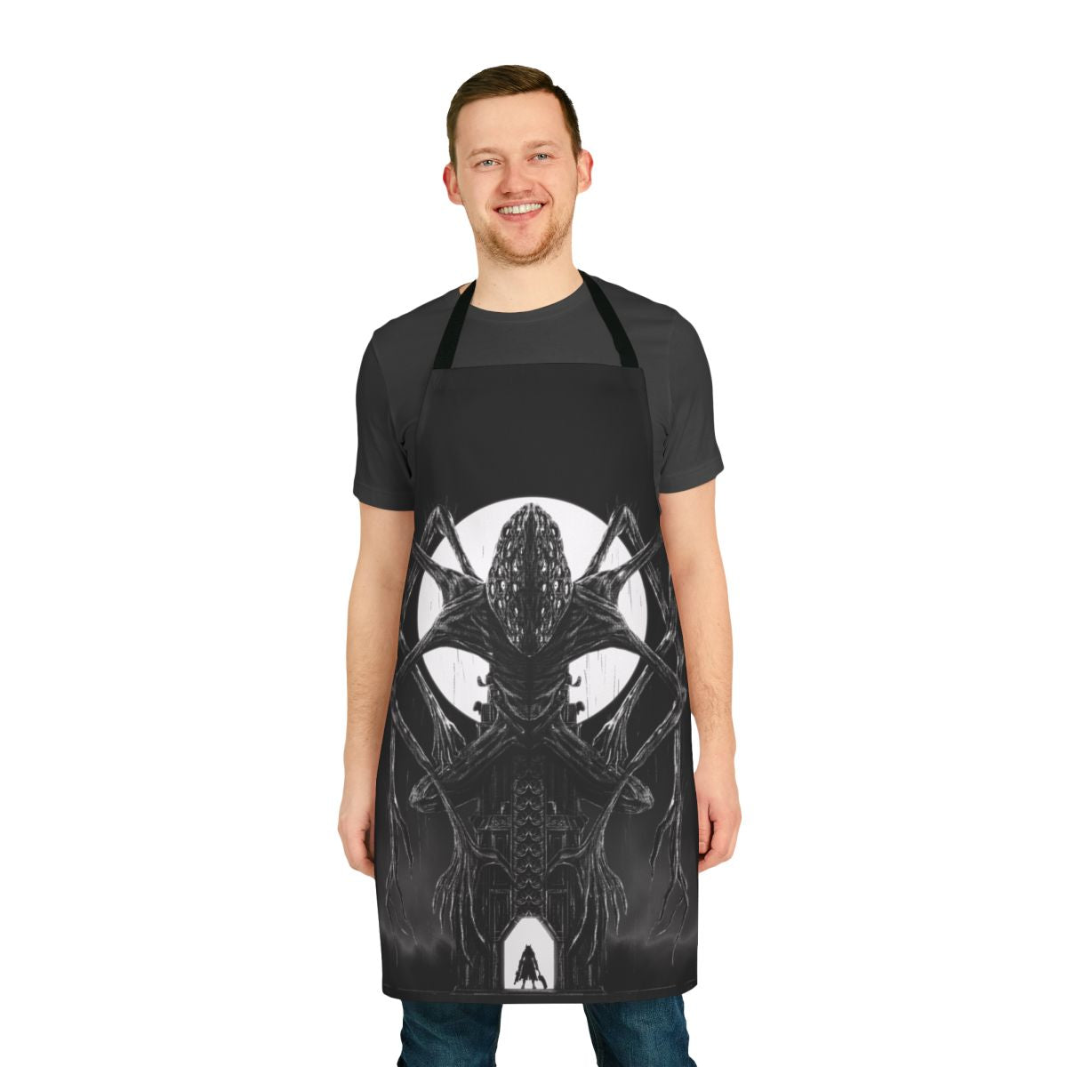 A dark and sinister apron design inspired by the Bloodborne video game and Lovecraftian horror themes.