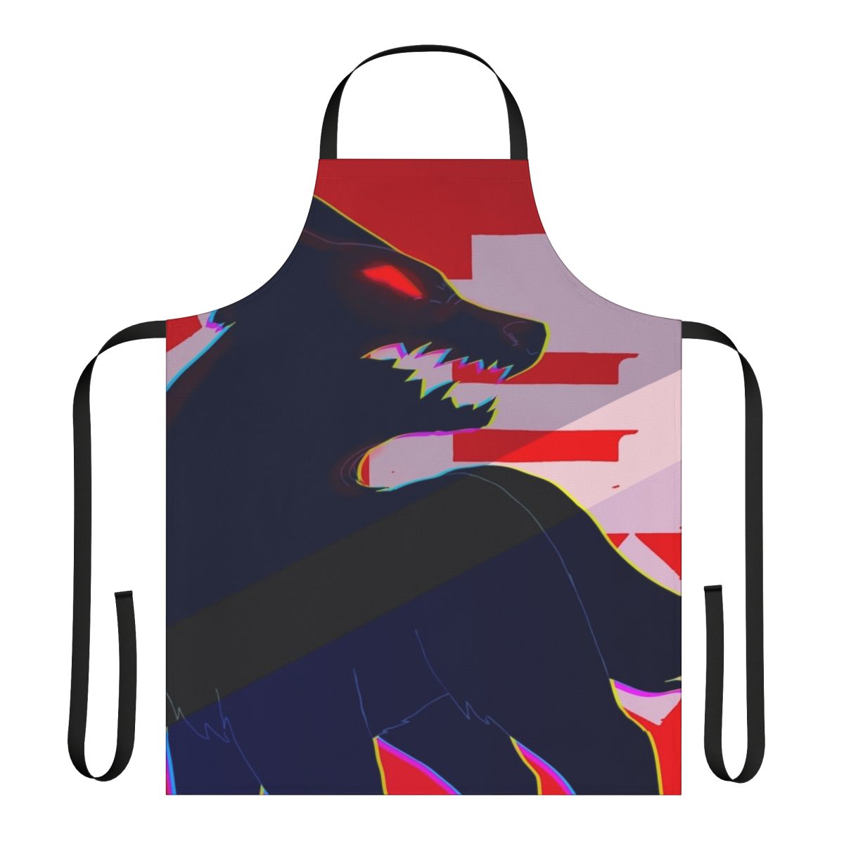 Fearsome wolf-themed kitchen apron with red and black contrasting design