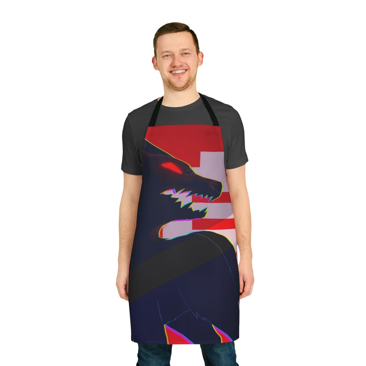 Fearsome wolf-themed kitchen apron with red and black contrasting design
