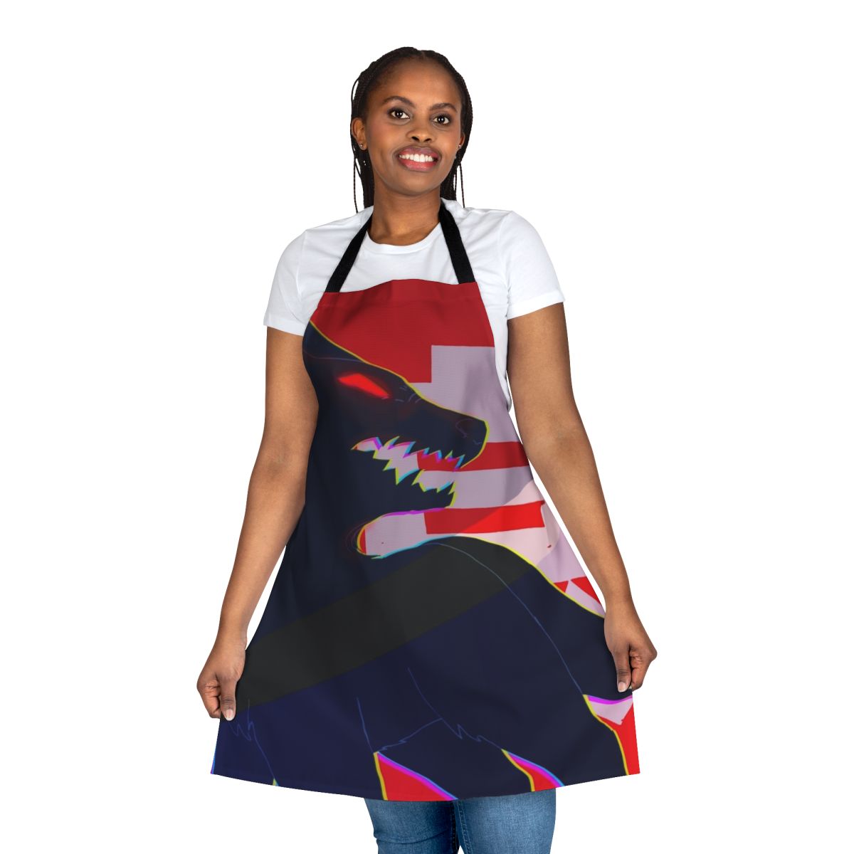 Fearsome wolf-themed kitchen apron with red and black contrasting design