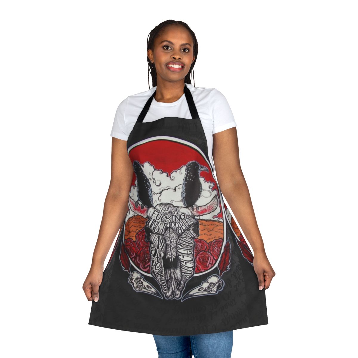 Feather skull design apron inspired by Red City Radio lyrics