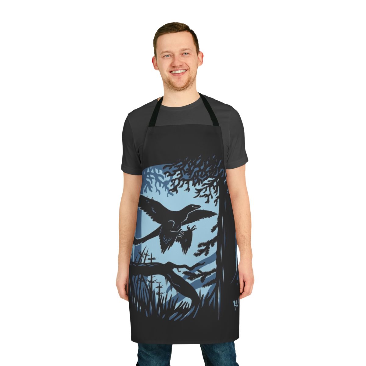 Microraptor feathered dinosaur illustration on a high-quality kitchen apron