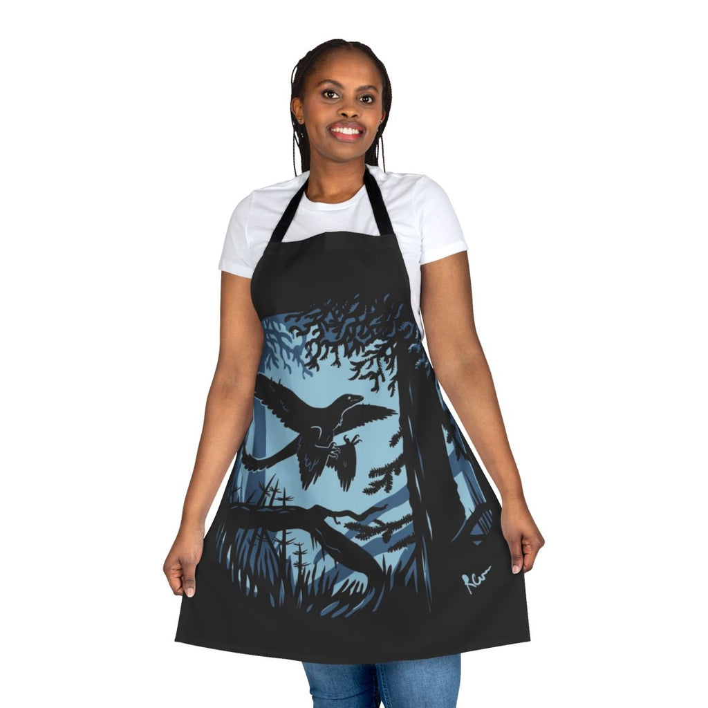 Microraptor feathered dinosaur illustration on a high-quality kitchen apron