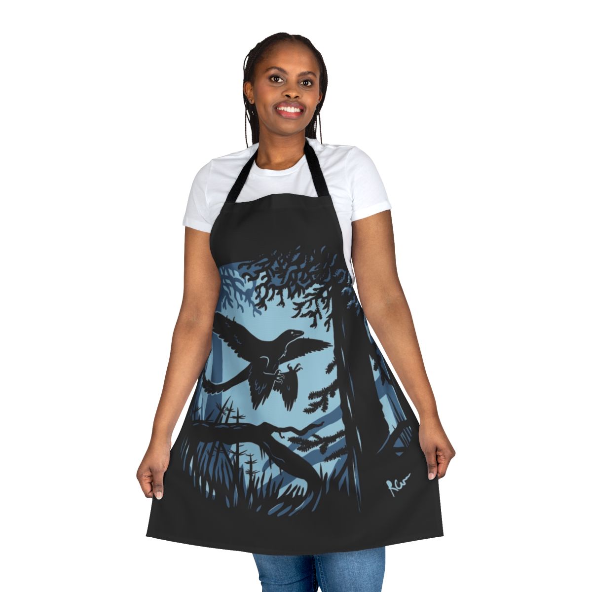 Microraptor feathered dinosaur illustration on a high-quality kitchen apron