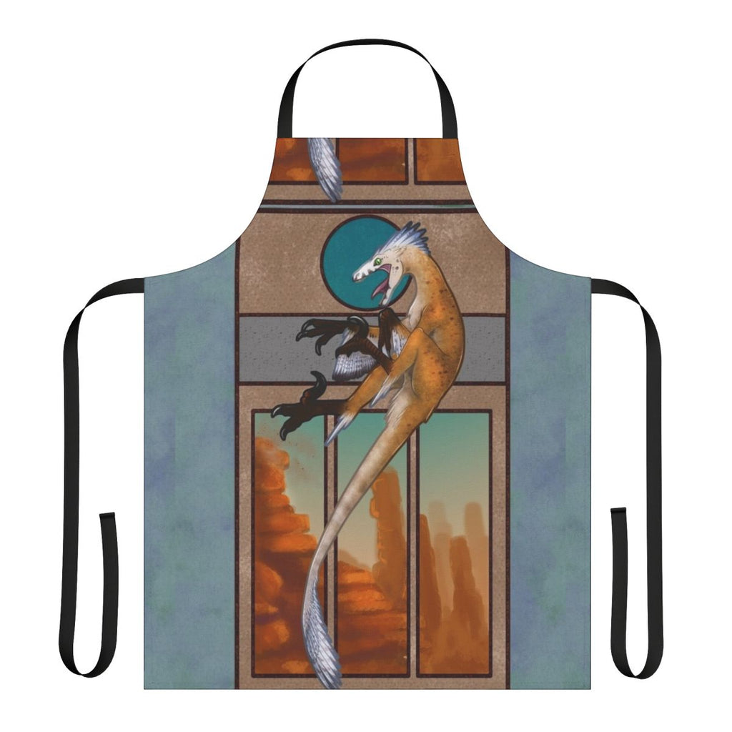Feathered velociraptor-inspired apron with dinosaur design