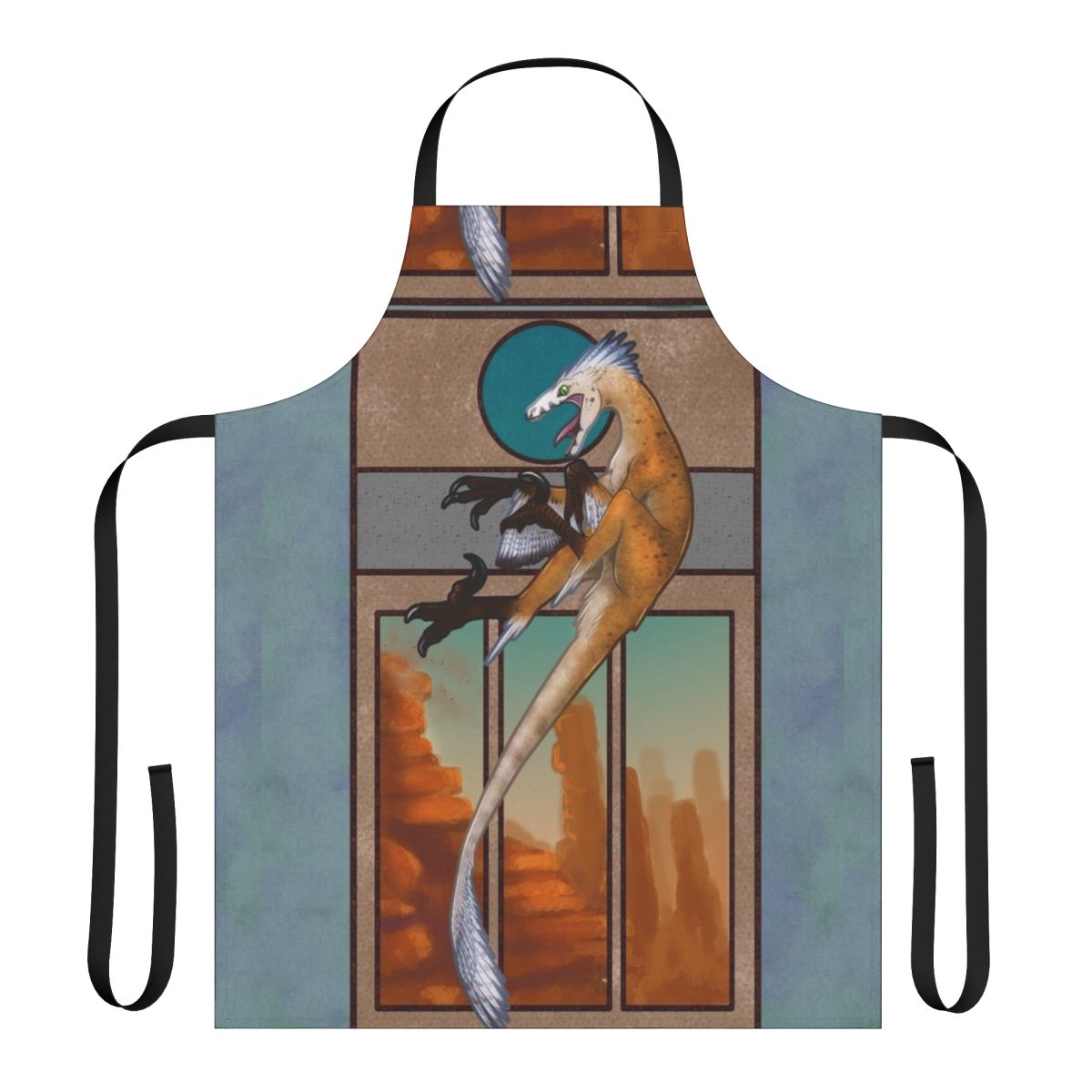 Feathered velociraptor-inspired apron with dinosaur design