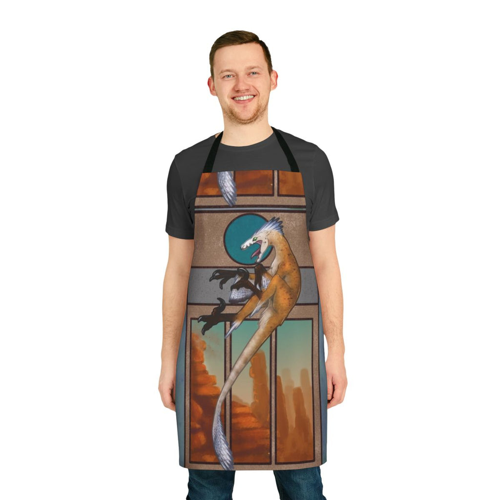 Feathered velociraptor-inspired apron with dinosaur design