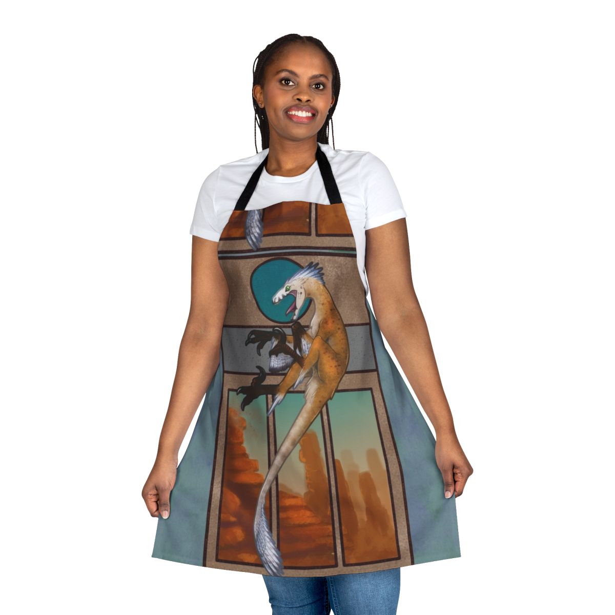 Feathered velociraptor-inspired apron with dinosaur design