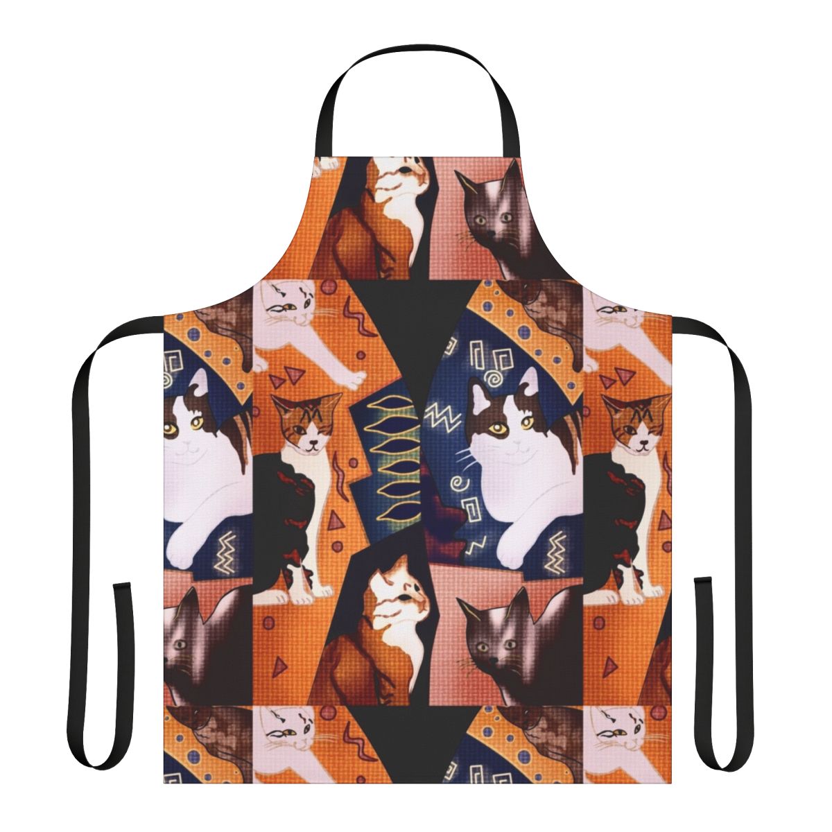 A black and white apron featuring an illustration of Freddie Mercury in a funky waistcoat design with cute cats.