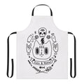 Apron with heavy metal, death metal, and doom metal inspired designs featuring cats, skulls, and satanic imagery