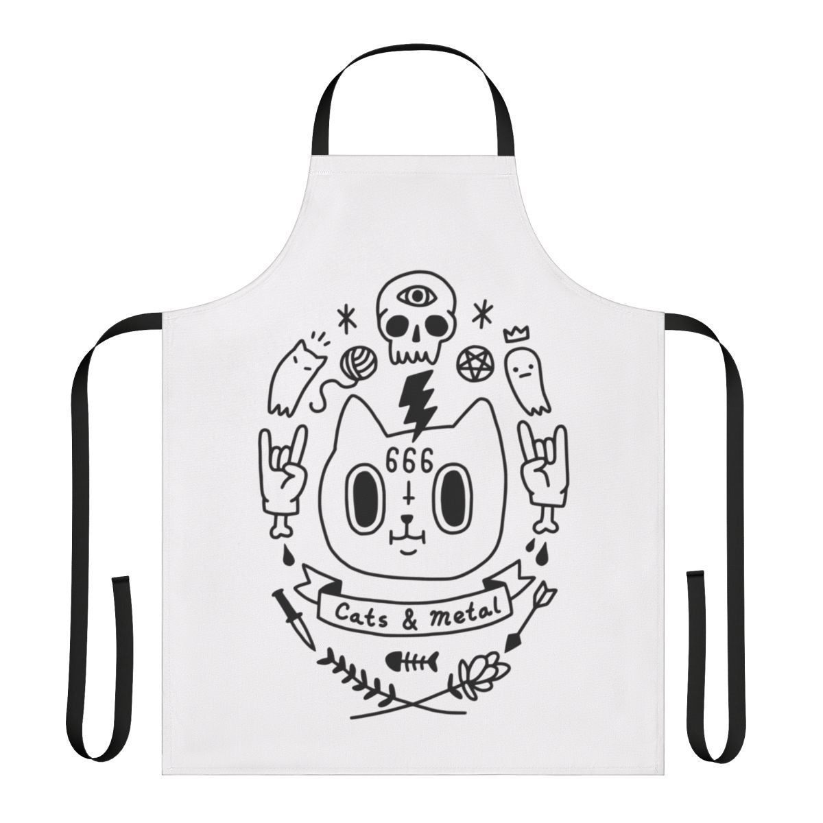 Apron with heavy metal, death metal, and doom metal inspired designs featuring cats, skulls, and satanic imagery