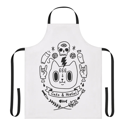 Apron with heavy metal, death metal, and doom metal inspired designs featuring cats, skulls, and satanic imagery