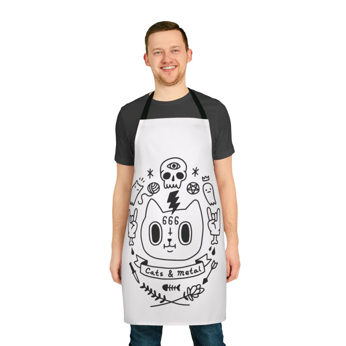 Apron with heavy metal, death metal, and doom metal inspired designs featuring cats, skulls, and satanic imagery
