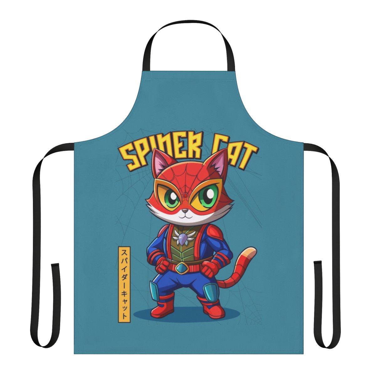A blue apron with a comic-style spider design, perfect for cat owners