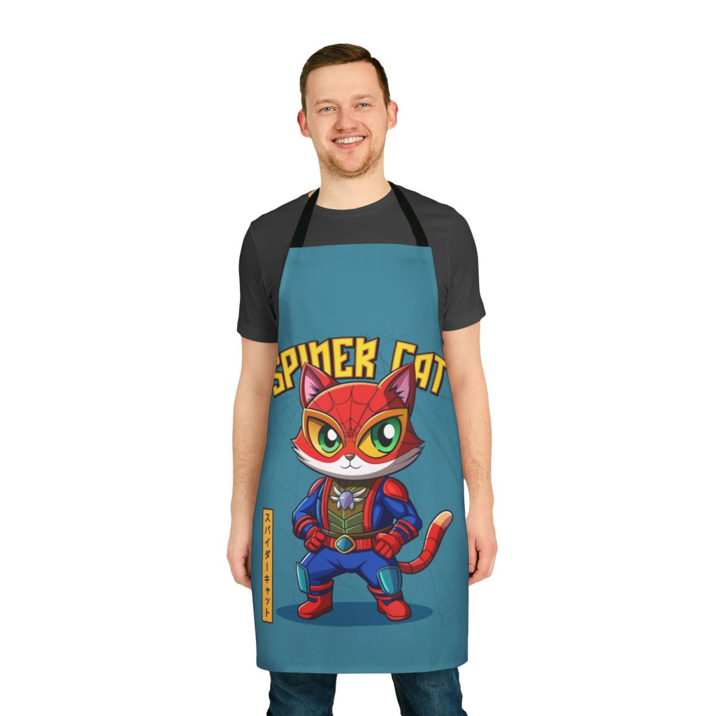 A blue apron with a comic-style spider design, perfect for cat owners