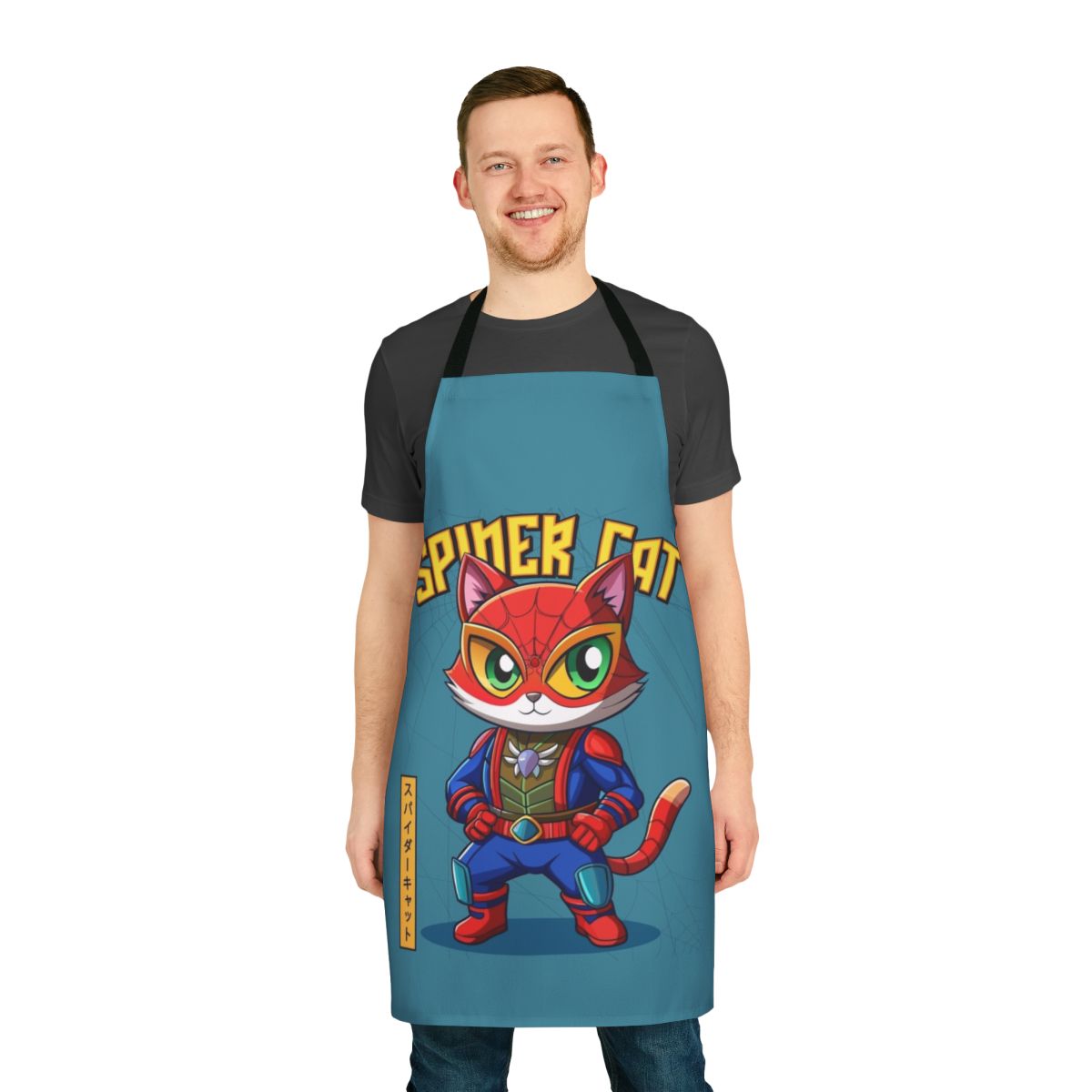 A blue apron with a comic-style spider design, perfect for cat owners