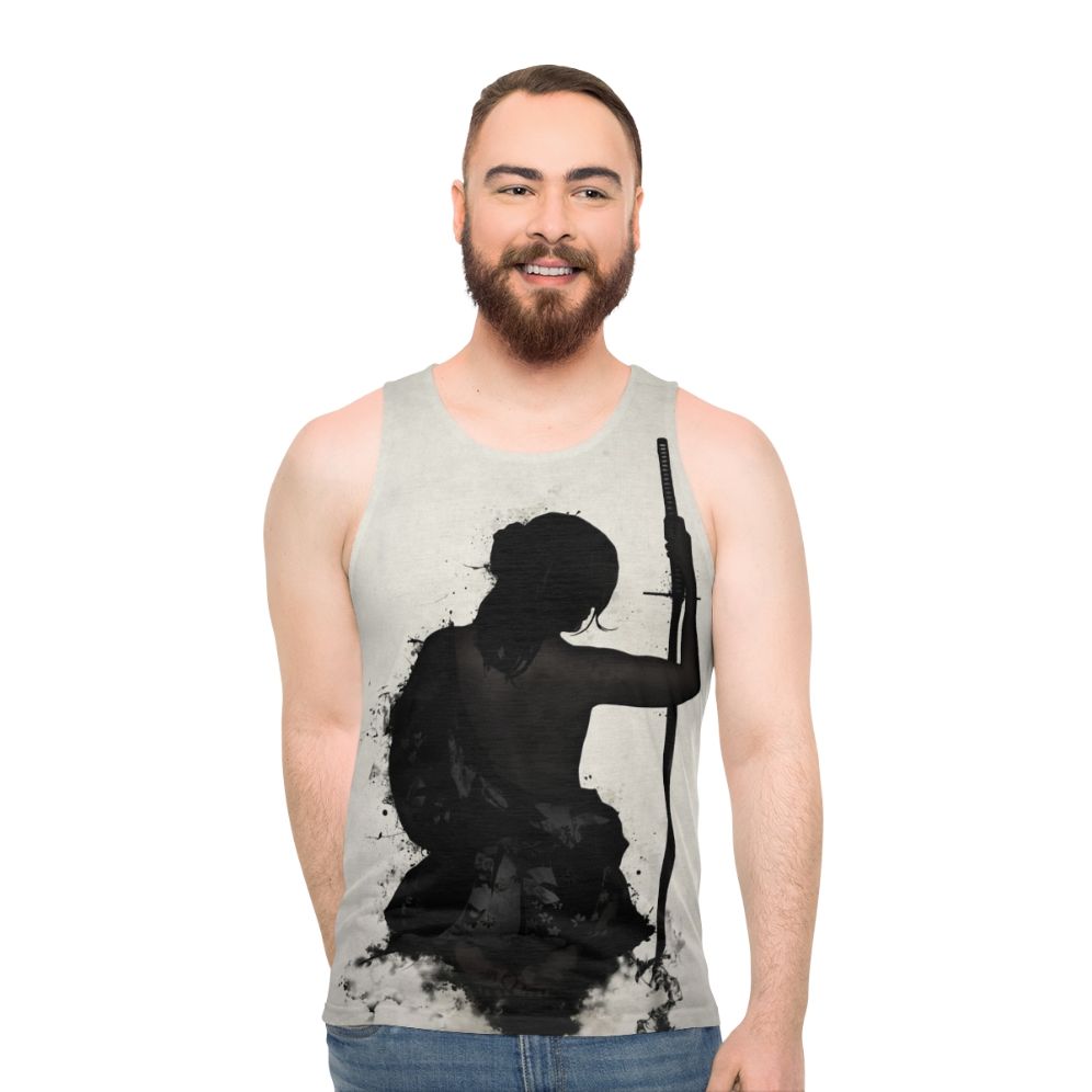 Female Samurai Warrior in Watercolor Splatter Unisex Tank Top