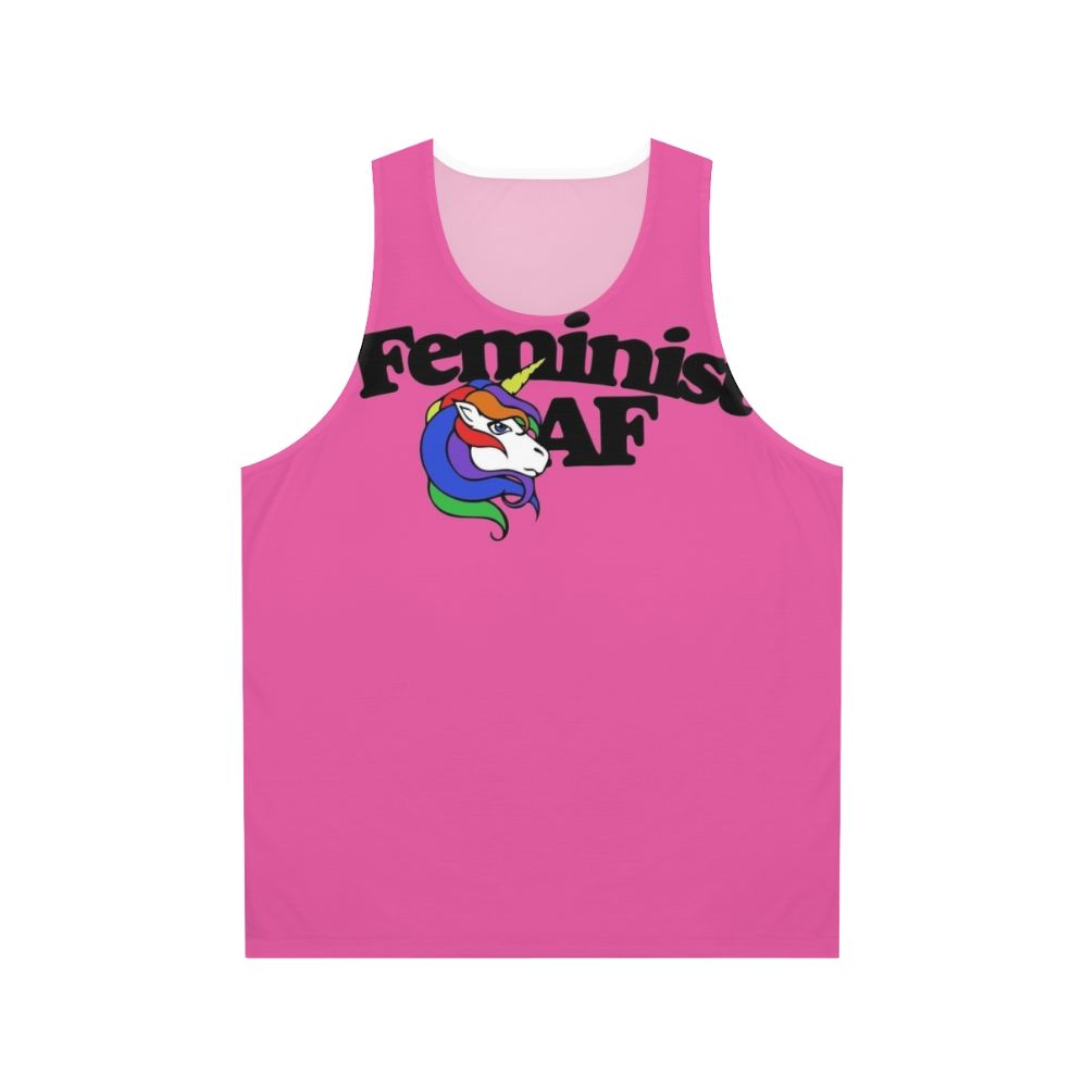 Feminist Af Unisex Tank Top with Retro Rainbow Unicorn Design