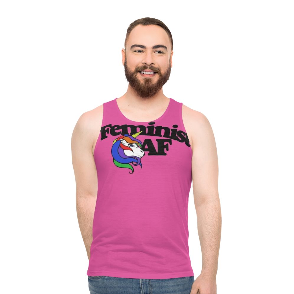 Feminist Af Unisex Tank Top with Retro Rainbow Unicorn Design