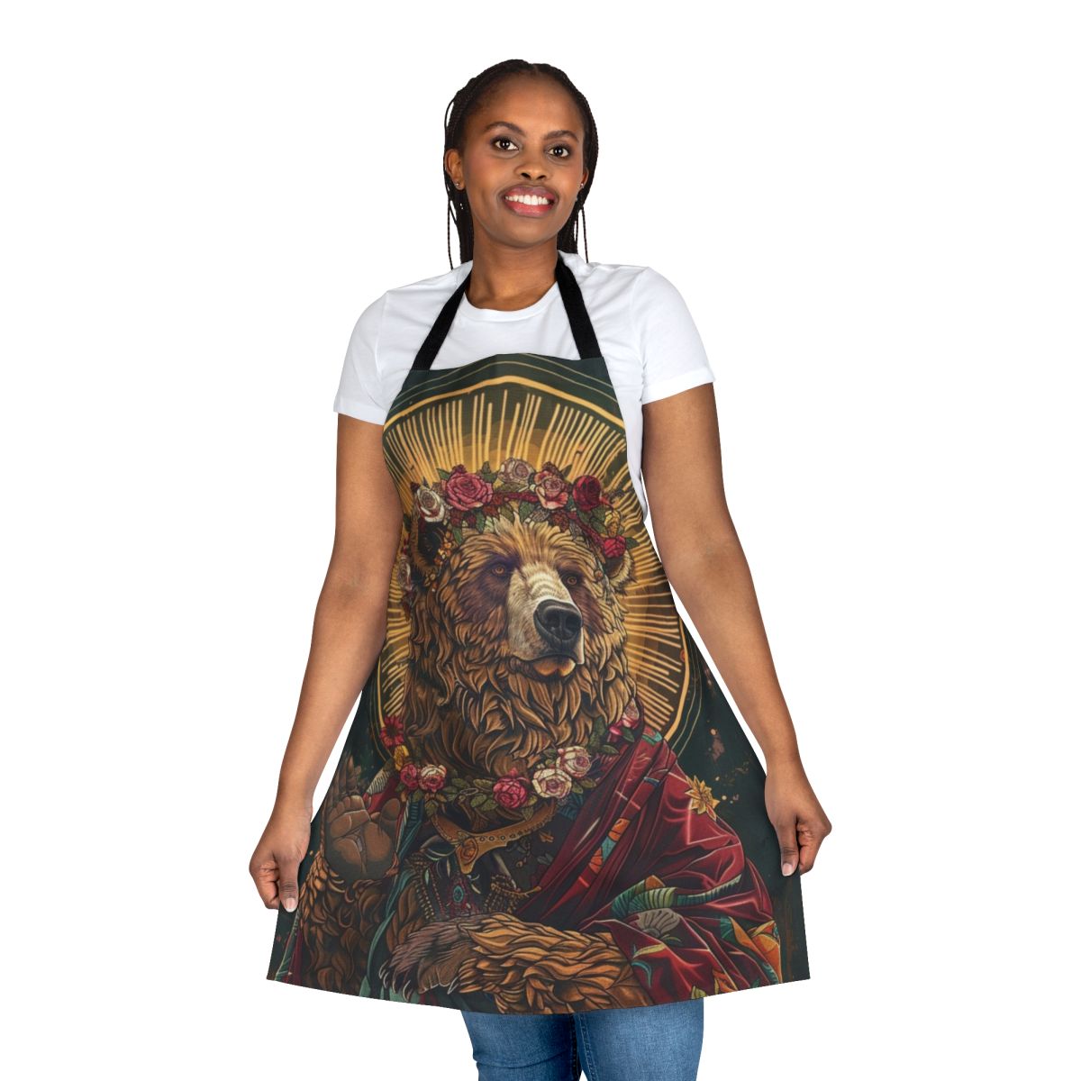 Feminist apron with a bear design, perfect for the kitchen and home.