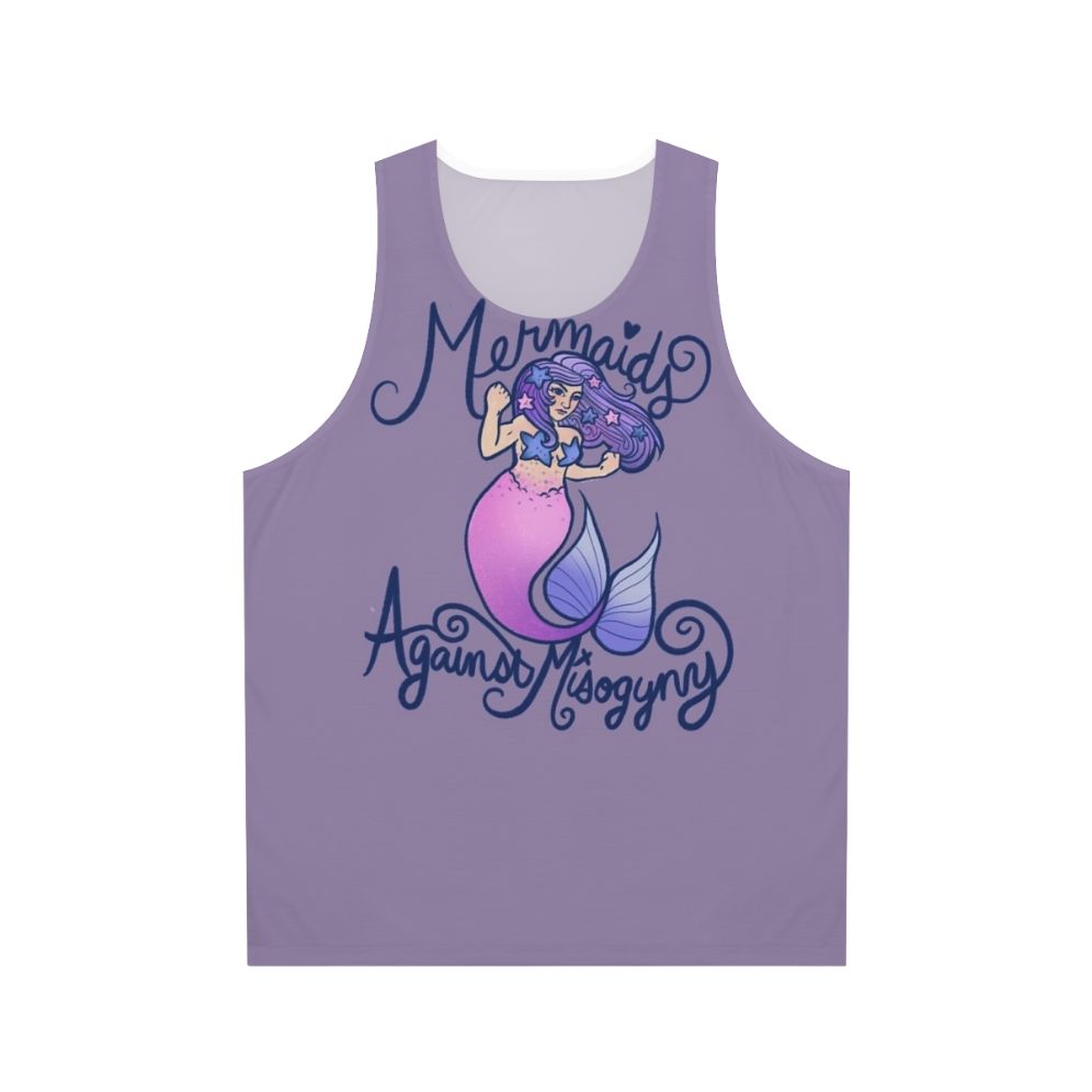 Feminist mermaid unisex tank top with "Mermaids Against Misogyny" design