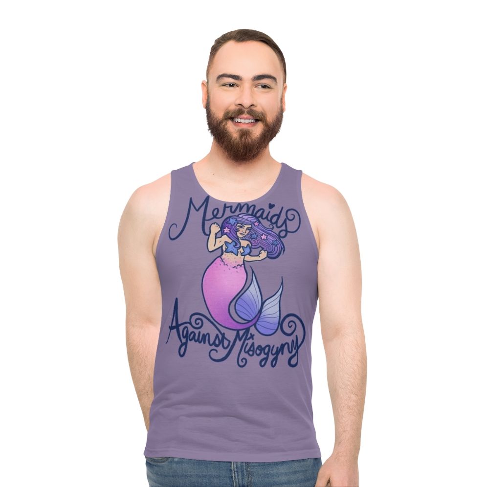 Feminist mermaid unisex tank top with "Mermaids Against Misogyny" design
