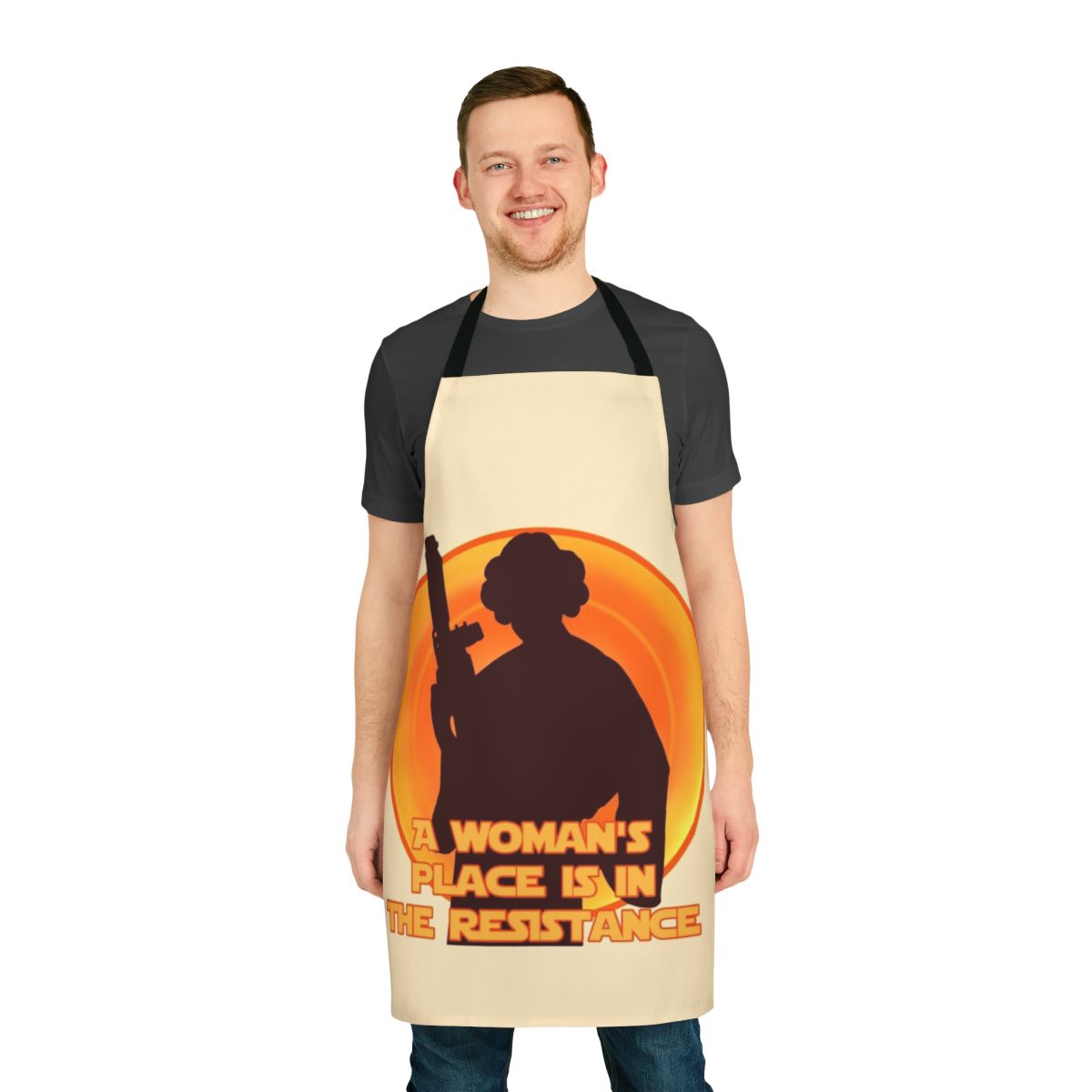 A feminist resistance-themed kitchen apron featuring the iconic Star Wars Princess Leia.