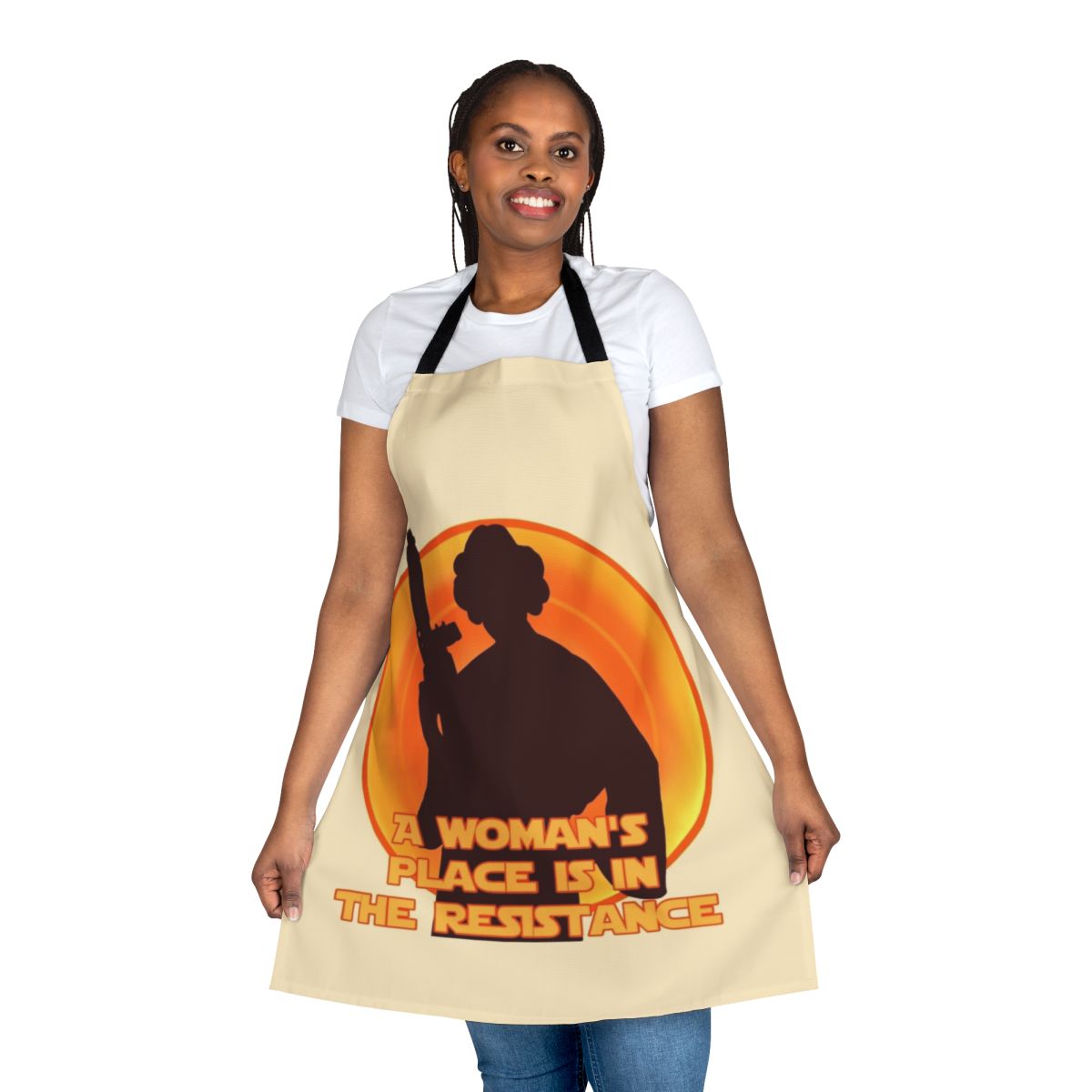 A feminist resistance-themed kitchen apron featuring the iconic Star Wars Princess Leia.