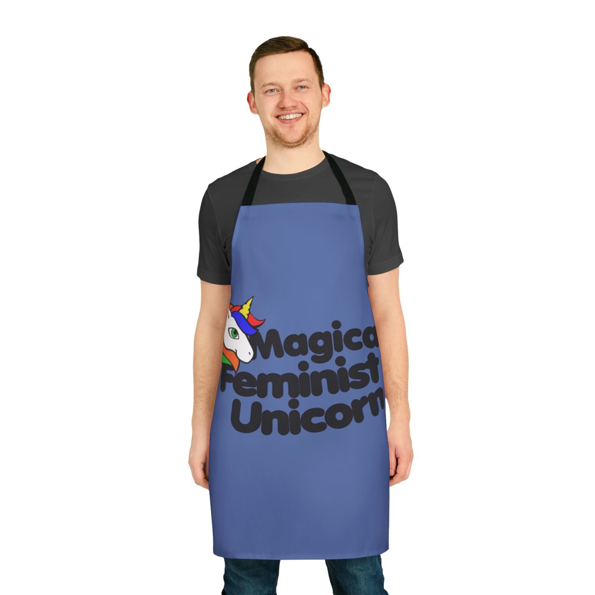 Whimsical apron featuring a magical unicorn in rainbow colors