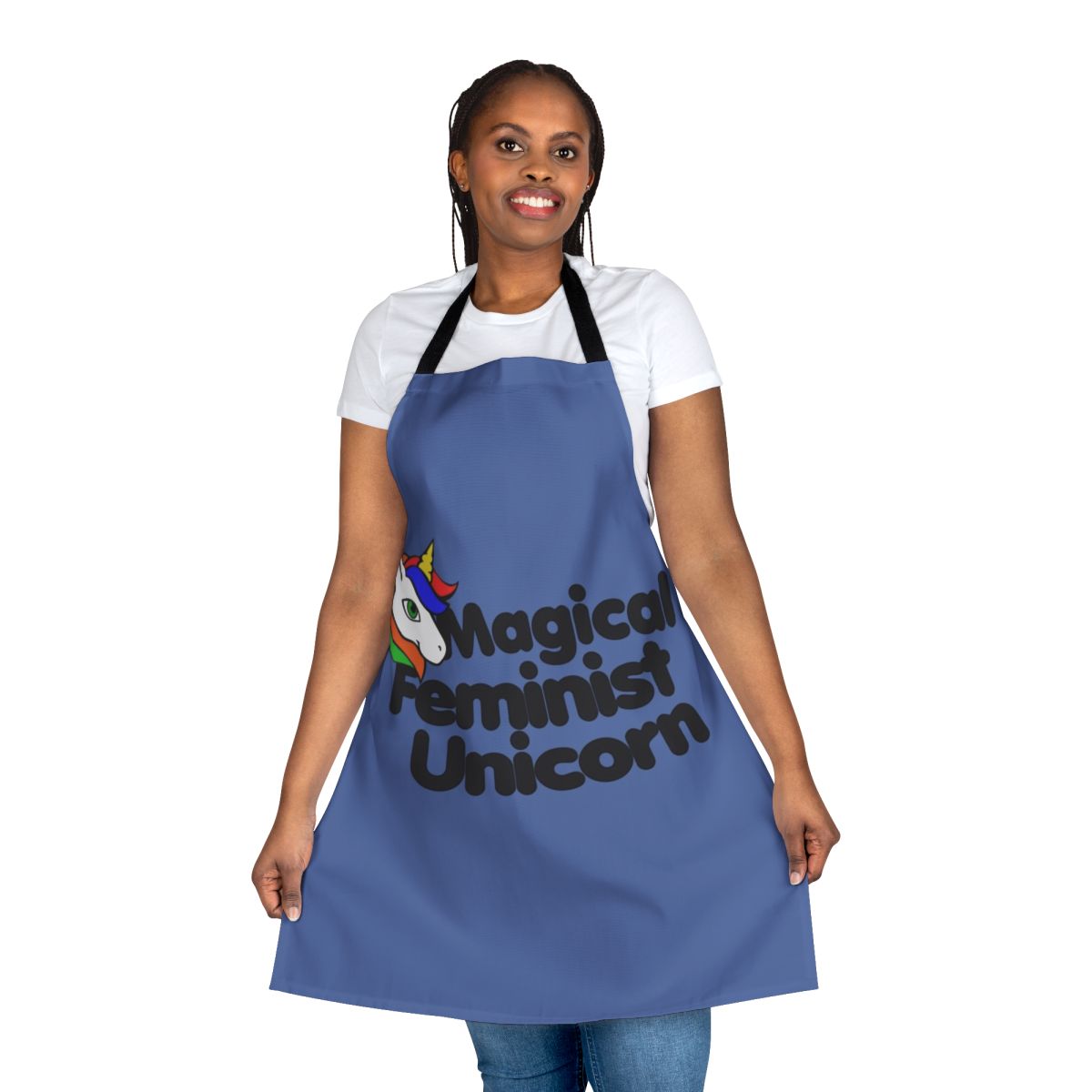 Whimsical apron featuring a magical unicorn in rainbow colors