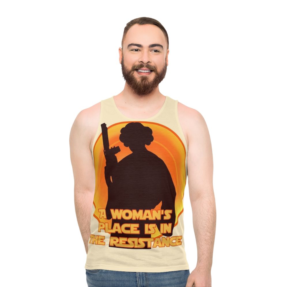 Feminist unisex tank top with resistance and star wars design