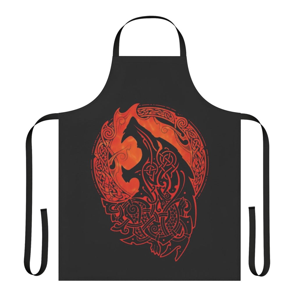 Fenrir, the wolf from Norse mythology, depicted on a black and red apron with a fiery, raging expression.