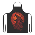 Fenrir, the wolf from Norse mythology, depicted on a black and red apron with a fiery, raging expression.