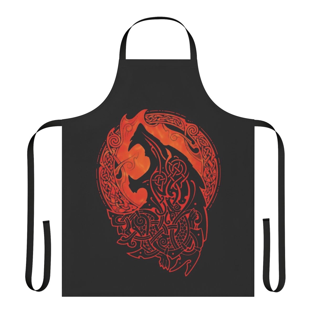 Fenrir, the wolf from Norse mythology, depicted on a black and red apron with a fiery, raging expression.