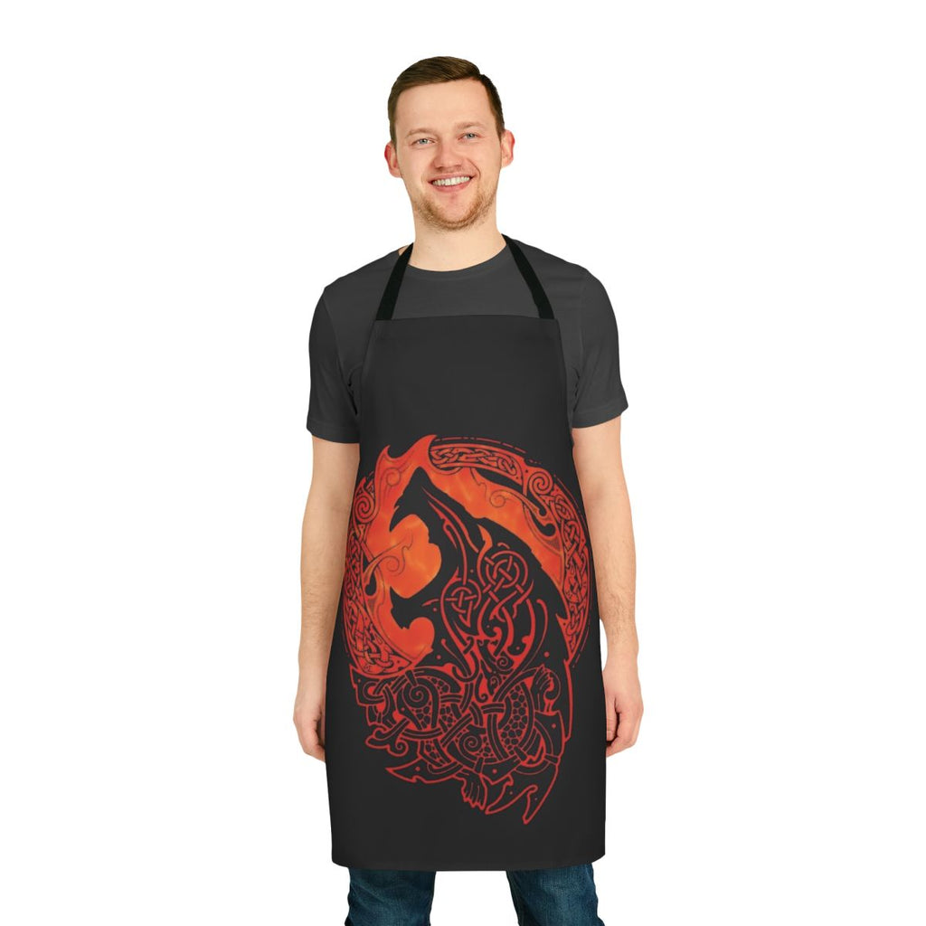 Fenrir, the wolf from Norse mythology, depicted on a black and red apron with a fiery, raging expression.