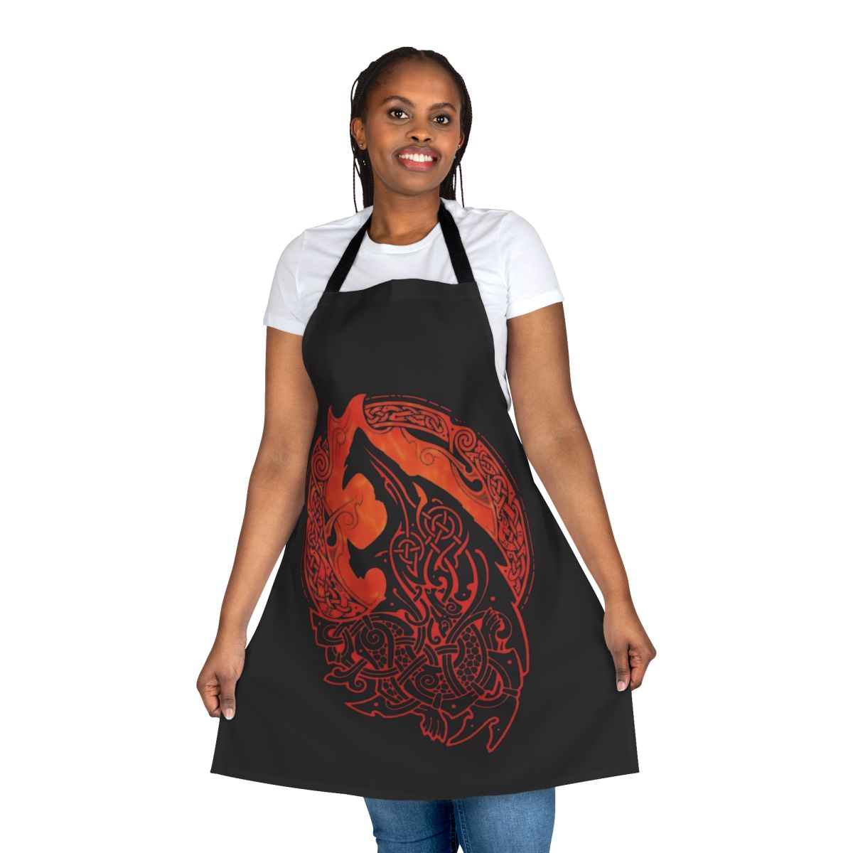Fenrir, the wolf from Norse mythology, depicted on a black and red apron with a fiery, raging expression.