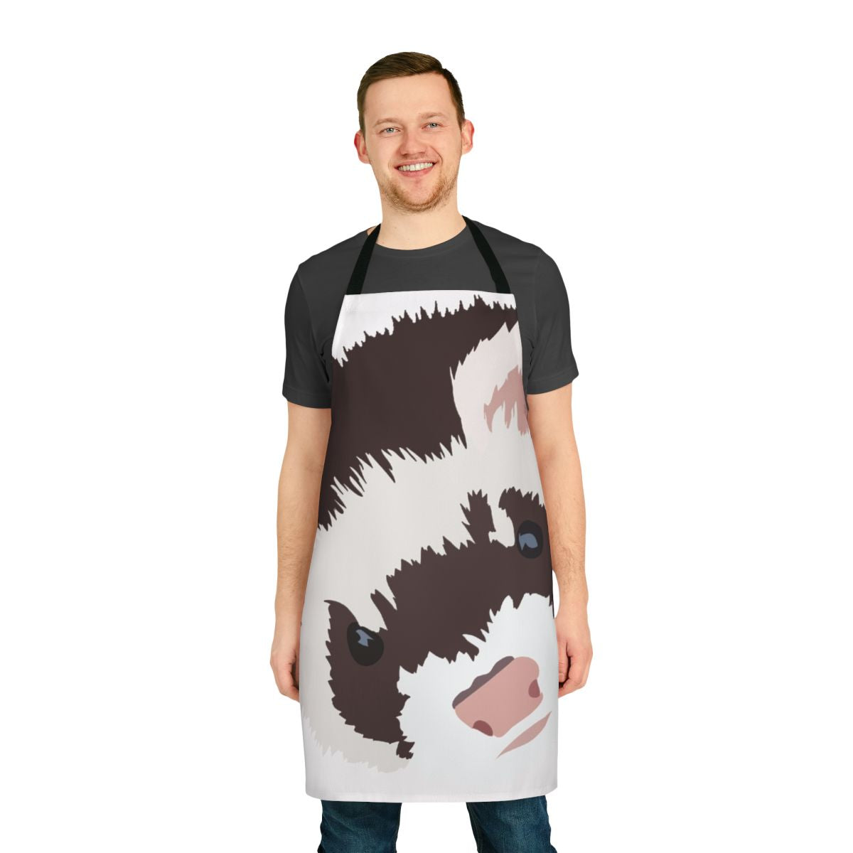 Ferret head printed on a white apron, a unique and whimsical cooking accessory