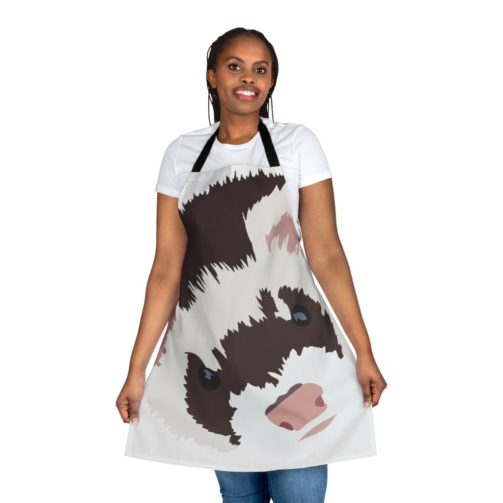 Ferret head printed on a white apron, a unique and whimsical cooking accessory