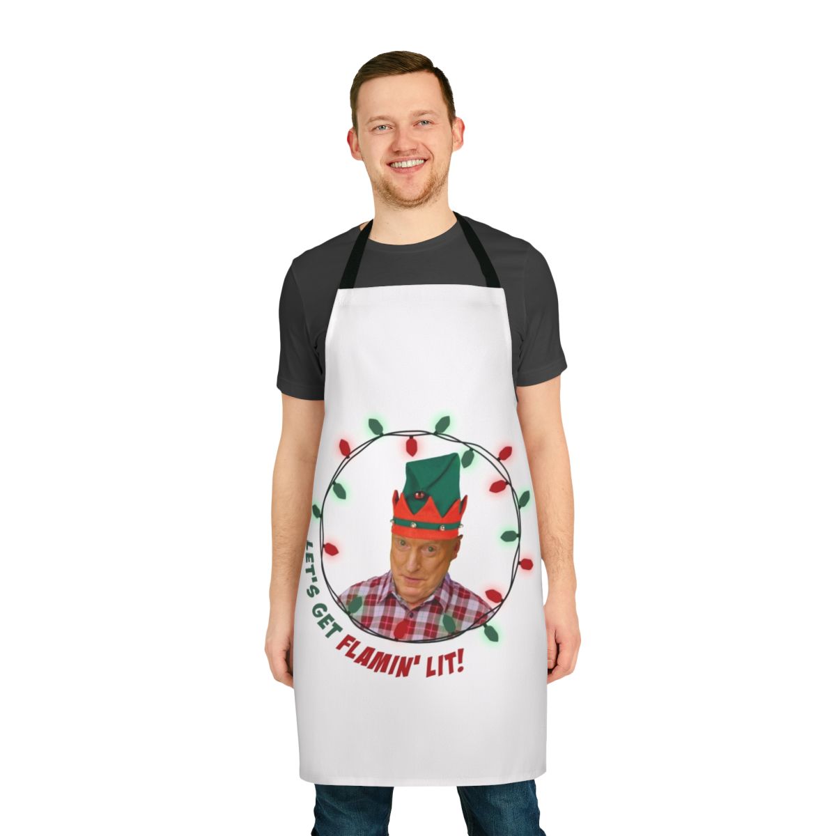 Alf Elf-themed apron with an ugly Christmas sweater design
