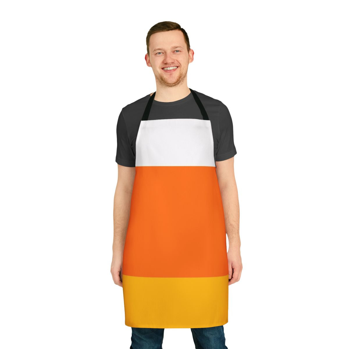 Candy corn themed apron with orange and yellow colors perfect for Halloween and fall festivals