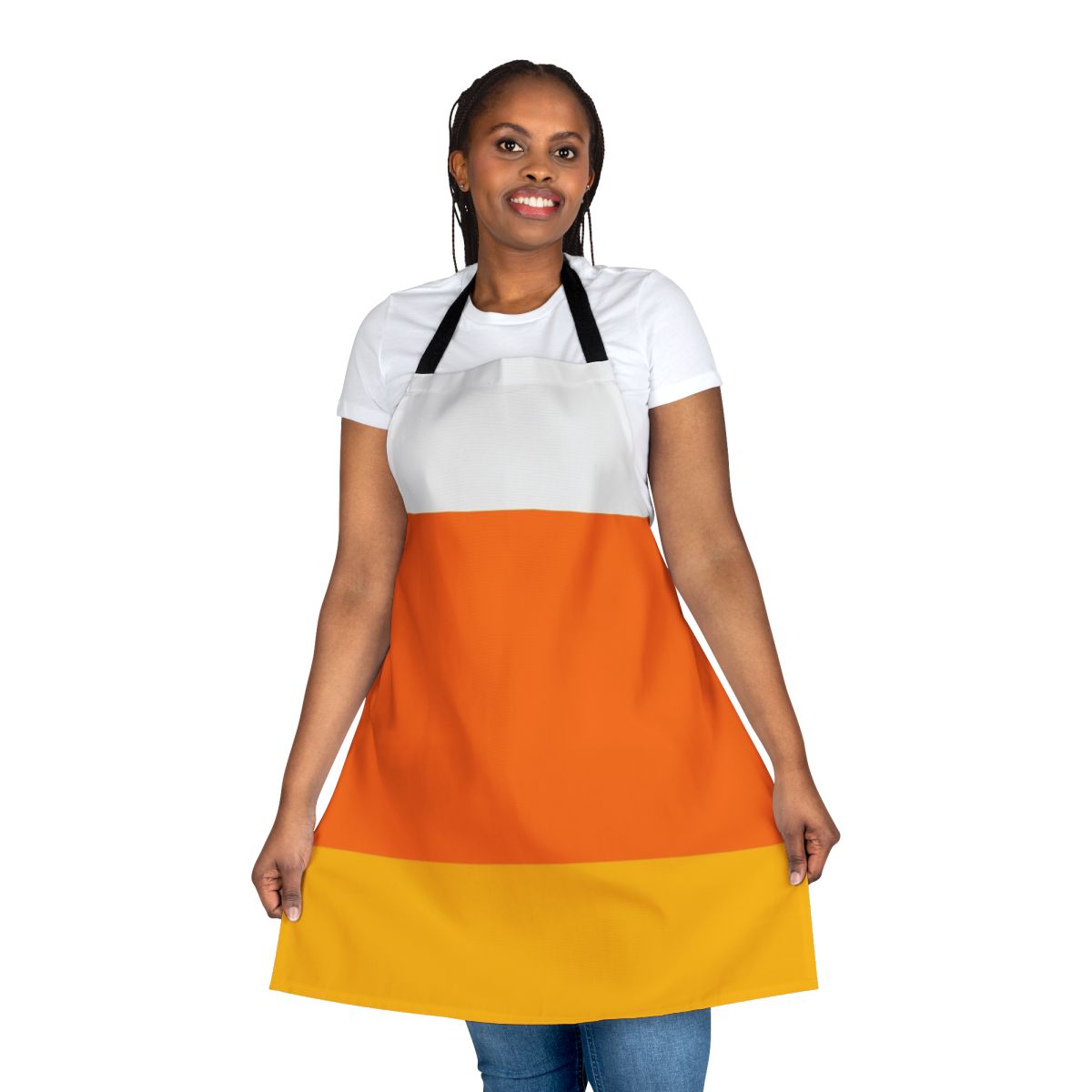 Candy corn themed apron with orange and yellow colors perfect for Halloween and fall festivals