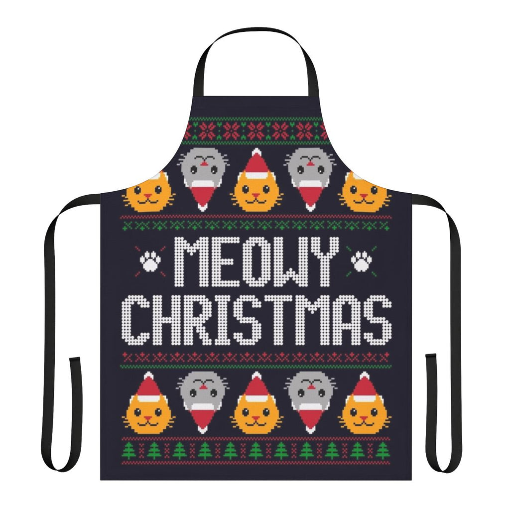 A yellow and green cat-themed apron with an ugly Christmas sweater print, featuring holiday elements like gingerbread men, Santa hats, and snowflakes.